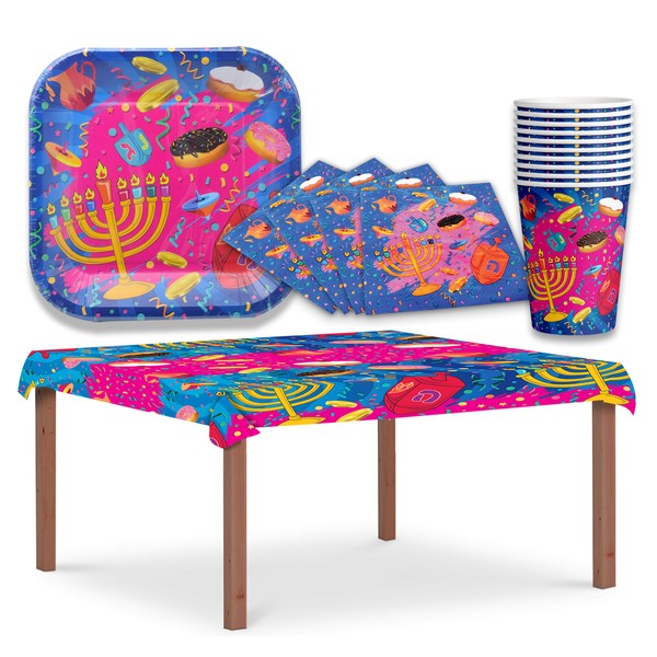Izzy 'n' Dizzy Hanukkah Paper Goods Set - Mega Pack - Serves 10 - Plates, Cups, Napkins, Tablecloth