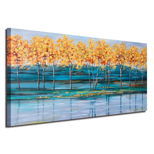 Ardemy Gold Ginkgo Tree Canvas Wall Art Nature Painting Modern Blue Landscape Mountain Artwork Fall Abstract Teal Scenery Picture Large Framed for Living Room Bedroom Bathroom Home Office Wall Decor