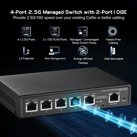Binardat 6 Port 10G Switch, 4 x 2.5G RJ-45 Base-T Ports, 2 x 10G RJ-45 Ports, Web Managed/Unmanaged, Metal Fanless Managed Multi-Gigabit Desktop/Wallmount Network Switch