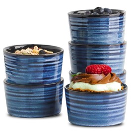 Hasense 6 oz Ramekins for Baking,Ceramic Souffle Dish Oven Safe Set of 6,Porcelain Dipping Sauce Bowls for Pudding, Creme Brulee, Souffle, Serving Dip, Custard, Ice Cream(Blue)