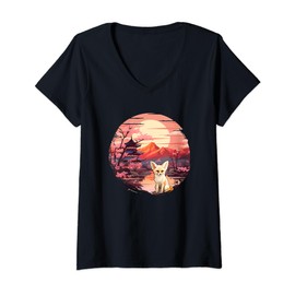 Womens Japanese Sunset Fennec Fox V-Neck T-Shirt