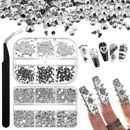 2 Boxes Metal Punk Nail Charms with Tweezer, 3D Mini Mixed Sizes Gold Black Nail Art Studs, Cone Spikes Alloy Rivets Jewelry Steel Balls Gothic Jewelry for Nails DIY Accessories