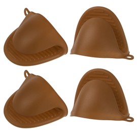 HARFINGTON 4pcs Thickened Mini Oven Gloves, Heat Resistant Silicone Oven Mitts Finger Pinch Grips Pot Holder for Kitchen, Cooking, Baking, BBQ Heat Resistant Gloves, Brown