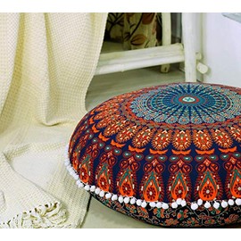 Popular Handicrafts - Funda para cojín redondo de suelo con diseño de mandala bohemio, decoración de yoga, 32 pulgadas