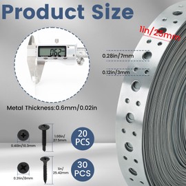 Galvanized Metal Pipe Strap 1-Inch x 65 Feet 0.6mm Thickness for HVAC & Plumbing Support Metal Strapping with Holes Duct Securing Straps with Black Screw