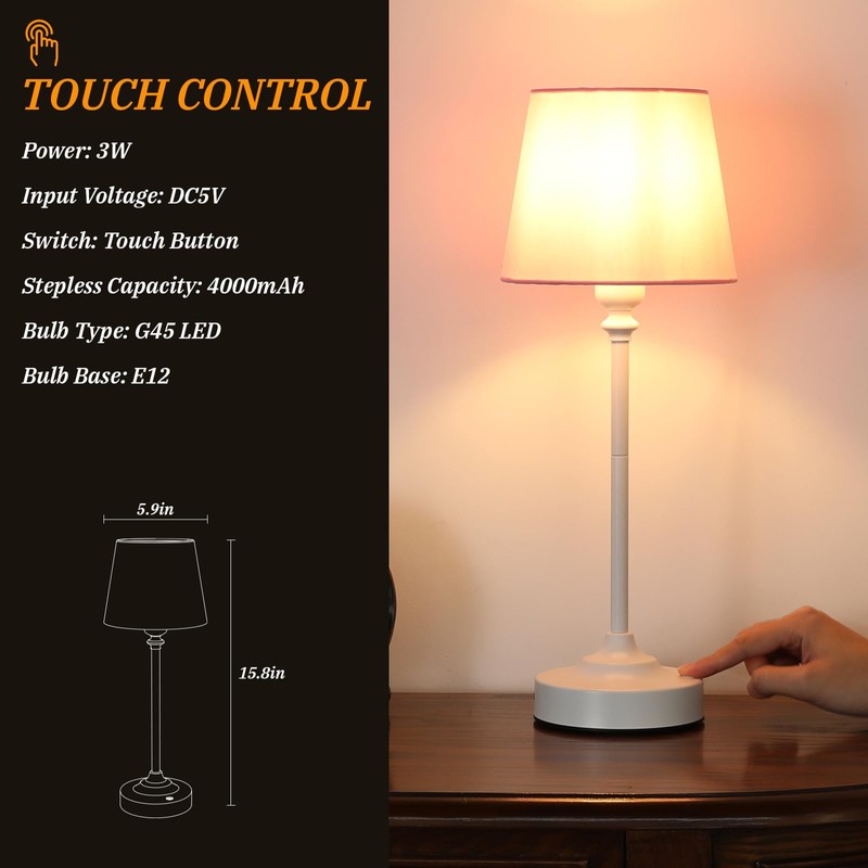 Cordless Table Lamps Rechargeable Set - 2 Pack White 4000mAH