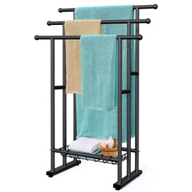 Kayfia 40" H Free Standing Towel Rack, 3 Tier Alloy Steel Stand with Basket, Blanket Drying and Display Rack for Oversized Bath Towels Bathroom Accessories, Next to Tub or Shower (Black)