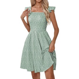 Naggoo Women's Summer Sun Dresses Swing Sleeveless Square Neck Floral Beach Vacation Dress Knee Length Green Polka Not L