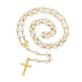 KOMI 8MM White Glass Pearl Rosary Beads for Women with Gold Crucifix, First Communion Gifts with Velvet Bag Catholic Rosary Necklace