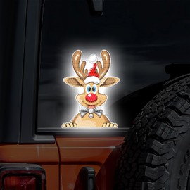 Leniutor Reflective Christmas Peeking Sticker, Santa Claus Reindeer Snowman Window Decals for Car Window Bumper Christmas Decorations (Reflective Reindeer-1, 1)