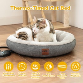 CATISM Heated Cat Bed - Self Warming Cat Bed, Heating Cat Beds for Indoor Cats and Small Dogs, Cozy Donut Heated Cat Bed with Timer & Temp Adjustable, Heating Cat Pad with Non-Slip Bottom