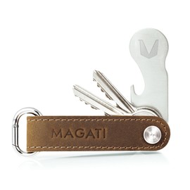 Magati Key Organiser - Key Case Genuine Leather, Stainless Steel with Key Finding Service, Shopping Trolley Releaser, Bottle Opener and Profile Depth Gauge, dark brown