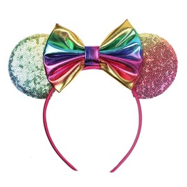 Love Fairy Lovely Ins Style Sequins Mickey Mouse Ears Headband Bowknot Hair Hoop for Travel Party Festivals (Rainbow 1)