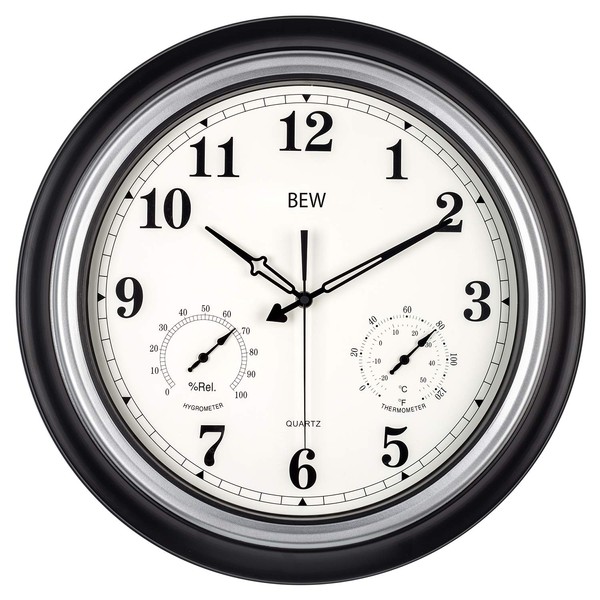 BEW Large Outdoor Clock for Patio, 18 Inch Retro Waterproof Outdoor Clocks with Thermometer Combo, Silent Battery Operated Pool Clock (Black-Silver)