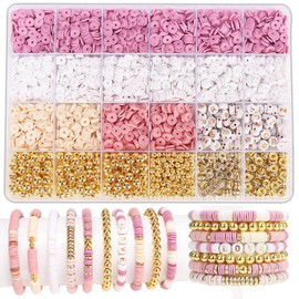 pekifaves Beads for Bracelets Set, 6 mm Heishi Colourful Clay Beads Set, Letter Beads, Clay Beads for Threading Kit, for Jewellery Making, Friendship Bracelet Making, Pink White