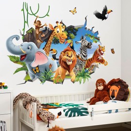 decalmile 3D Jungles Animal Wall Decals Forest Animal Elephant Lion Monkey Wall Stickers Kids Room Nursery Room Wall Decor