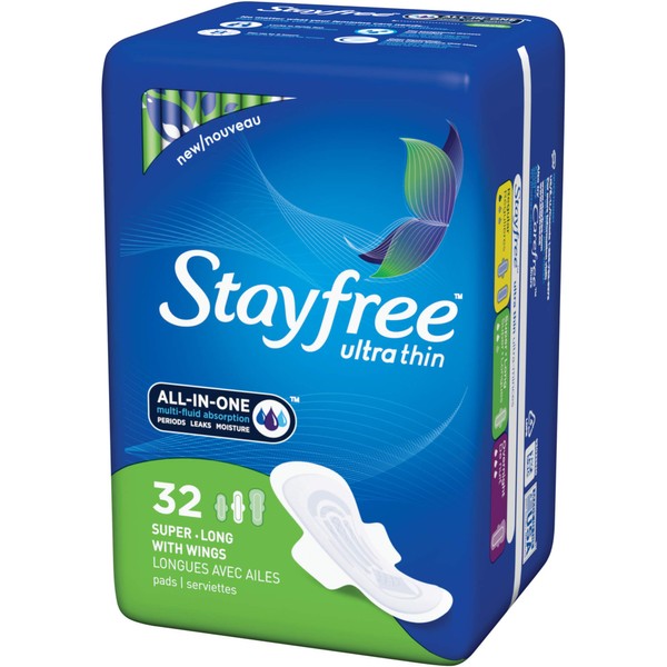 Stayfree Ultra Thin Super Long Pads With Wings, 32 Pads each (Value Pack of 4)