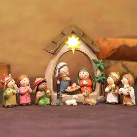 MACLARONX Nativity Set, 12 Pieces Christmas Mini Nativity Scene with LED Light Kids Nativity Indoor Decor Includes 1 Manger and 11 Figurine Table Decorations for Home