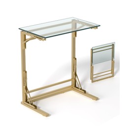 Tatub 24" Folding TV Tray Table, Glass C Shaped End Table for Couch, Small Sofa-Side Laptop Desk with Gold Metal Frame for Living Room, Bedroom, Bedside