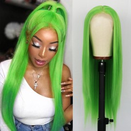 Oxeely Long Straight Hair Green Color Synthetic Lace Front Wigs Natural Hairline Glueless Heat Resistant Lace Front Wigs for Women