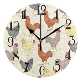 ALAZA Rooster Chicken Yellow Round Wall Clock Non-Ticking Silent Battery Operated Decorative Clock for Living Room Home Office Decor