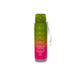 Sports Water Bottle 1L / 32OZ, BPA-Free, Motivational with Time Markings Leakproof Drinking Bottle for Running, Gym, Cycling, School, and Outdoor Activities (Pink - Green)