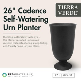 Tierra Verde Indoor & Outdoor Self-Watering Urn Planter, Cadence, 14" x 23", Black - Planting Containers for Plants and Flowers - Gardening and Landscaping Accessories