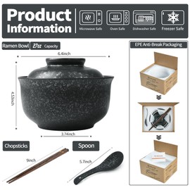 Niturceal Ceramic Ramen Bowl Set Ramen Noodle Bowl with Lid 27oz Japanese Retro Style Soup, Pho, Udon Bowls, Matching Spoons and Chopsticks for Microwave & Dishwasher Safe, Black