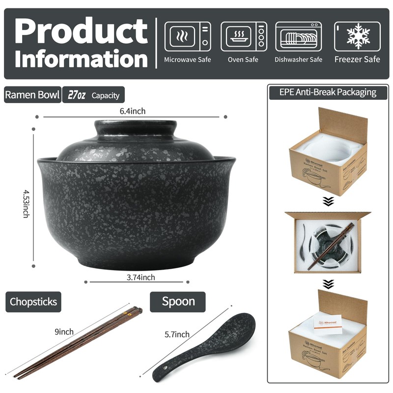 Niturceal Ceramic Ramen Bowl Set Ramen Noodle Bowl with Lid