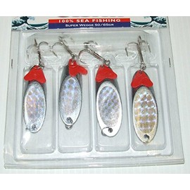 FFTⓇ 4 X PACK SUPER CATCH DEXTER STYLE WEDGE SPINNER LURES 28g 38g 50g 65g BEACH BOAT TREBLE HOOK (2 x 28g, 2 x 38g)