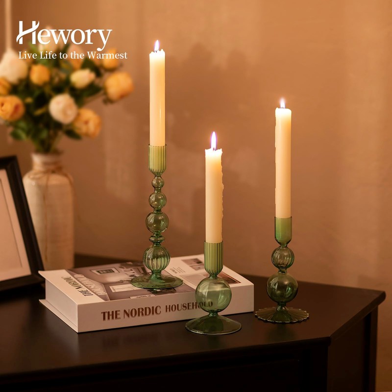 Hewory Glass Candlestick Holders Set: 3PCS Green Candle Holder Taper
