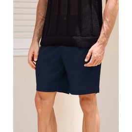 Kallspin Men's Cotton Linen Casual Shorts Button Elastic Waist Shorts Summer Beach Vacation Stretch Shorts with Pockets (Navy Blue XL)