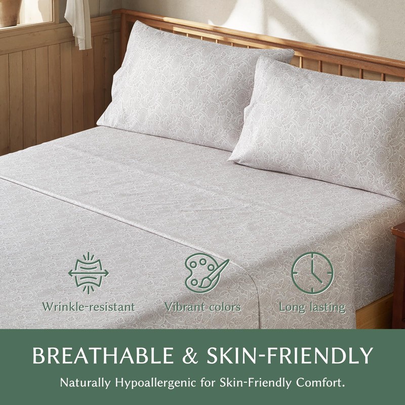 Boho Sheets King Size, Cream Paisley Patterned，Deep Pocket 4pc
