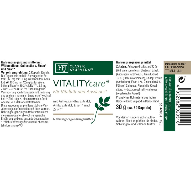 Classic Ayurveda - VITALITYcare Capsules - 30 g (approx. 60