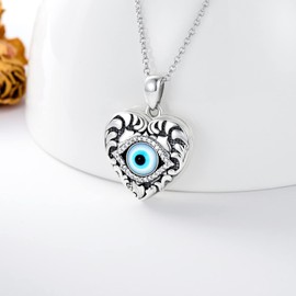 SOULMEET Heart Shaped Evil Eye Locket Necklace That Holds 2 Pictures Sterling Silver Protection Amulet Photo Pendant Necklace, Metal, Carnelian,
