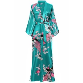 BABEYOND Women's Kimono Robe Long Satin Robes with Peacock and Blossoms Printed Kimono Nightgown