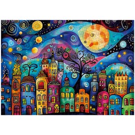 Colorful Houses Puzzles for Adults 1000 Pieces, Village Night Landscape Jigsaw Puzzles, Fantasy Abstract Starry Sky Puzzle as Nature Decor