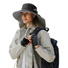 Peicees Women Men Wide Brim Sun Hat UPF50+ UV Protection Waterproof Foladable Hiking Fishing Gardening Hats with Neck Flap, Dark Gray, One Size