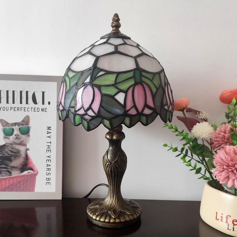 XPHMXP Tiffany Lamp 3-Way Dimmable Table Lamp Pink Tulip Stained