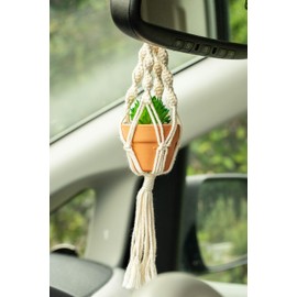 Macrame Car Air Freshener with Succulent Design - Rearview Mirror Hanging Diffuser with Refillable Fragrance Stones & Pot Shaped Holder - Customizable Scented Diffuser for Vehicles,