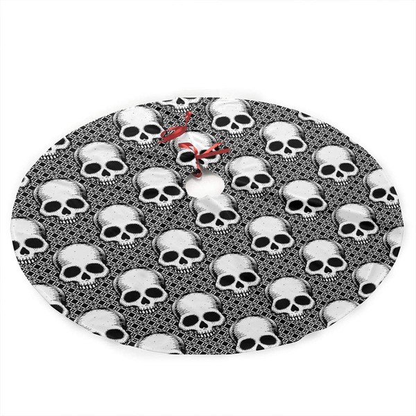 SXKKoin 35.5" Traditional Holiday Christmas Tree Skirt with Black and White Skulls Design
