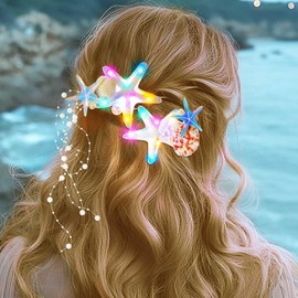 Zoestar 2 Pieces Luminous Starfish Hair Clips LED Shell Hair Clip Pearl Tassel Hair Accessories for Women Mermaid Beach Hair Accessories for Women (Style 1, One Size)