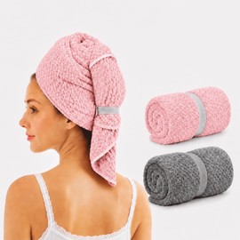 Admygo 2 Pcs Super Absorbent Coral Fleece Hair Towel Wrap, 60x100cm Quick Dry Hair Turban with Elastic Band, Soft Anti-Frizz Drying Cap for Women, All Hair Types & Lengths(Grey & Pink)