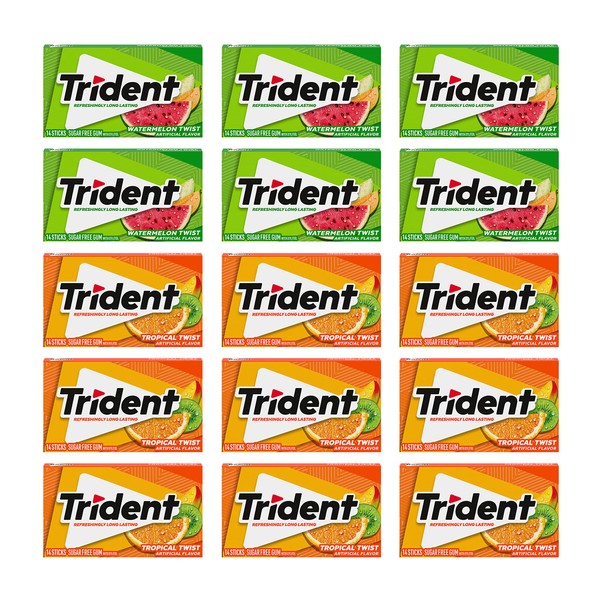 Trident Sugar Free Gum Variety Pack, Watermelon Twist & Tropical Twist Flavors, 15 Packs of 14 Pieces (210 Total Pieces)