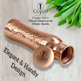 Cop29 Fairy - Botella de agua martillada brillante de cobre - 30.5 oz/900 ml, un recipiente de cobre ayurvédico a prueba de fugas hecho a mano, ideal para hidratación, deportes, yoga y uso diario,