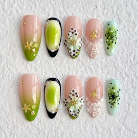Luxury Press on Nails Medium Almond Handmade 3D Unique Reusable ABS Material Fake Nails Green French Tip False Nails with Designs Starfish Floral Art Petal Glossy Glue on Nails Thick Acrylic Nails(M)