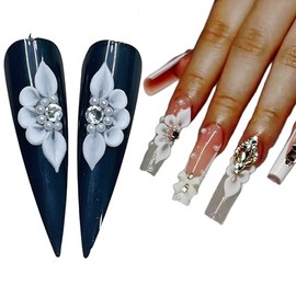 Set 8Pcs 3D Flowers Nails Charms With Rhinestone Gems Handmade by Acrylic Powder Design For Long Nail L,XL,XXL Flower Nail Art Floral Salon Decor Women Girls (White Rhinestone mix Peals)