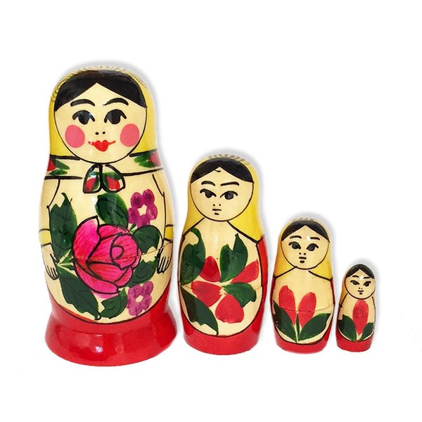 Authentic Russian Hand Painted Handmade Semenov Nesting Dolls Set of 4 Pieces Matryoshkas 3 1/2 Inch