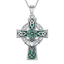 Cargari Four Leaf Clover Cross Pendant Necklace for Women 925 Sterling Silver Green Clover Irish Claddagh Necklace Jewelry Gift for Mom Wife Grandma Mother’s Day