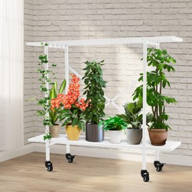 Metal Plant Stand 2 Tier Potted Multiple Flower Pot Holder Plant Shelf Indoor and Outdoor,L35 xW 8.6 x H30 inch,Heavy Duty Planter Display Shelving Unit for Patio Garden Corner(White - With Pulleys)